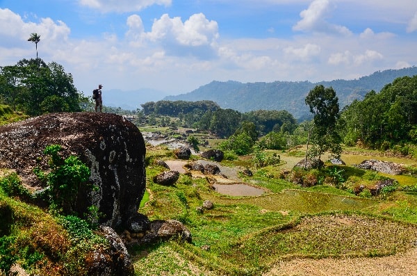 un randonneur devant des paysages en pays toraja à Sulawesi